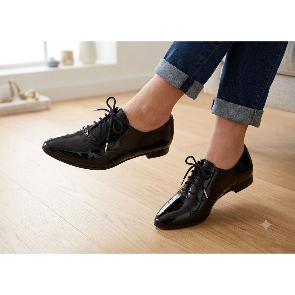 Kate Spade Black Patent Leather Oxfords Size 6M Glossy Dress Shoes Tuxedo Flat